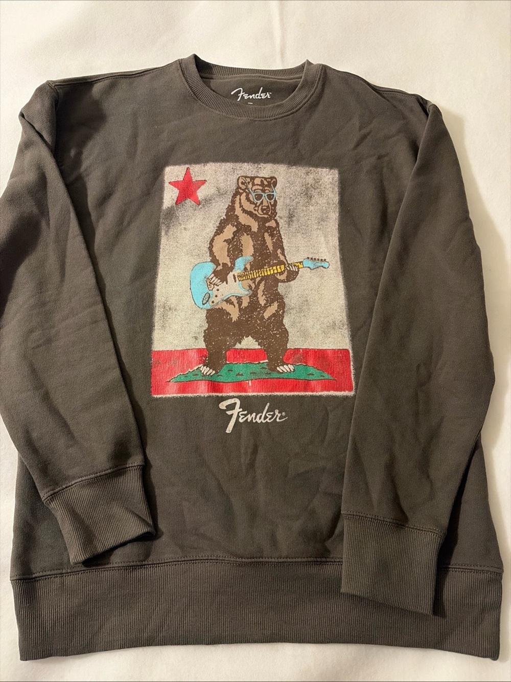 Lucky Brand Charcoal Crewneck with Bear Graphic and Blue Guitar